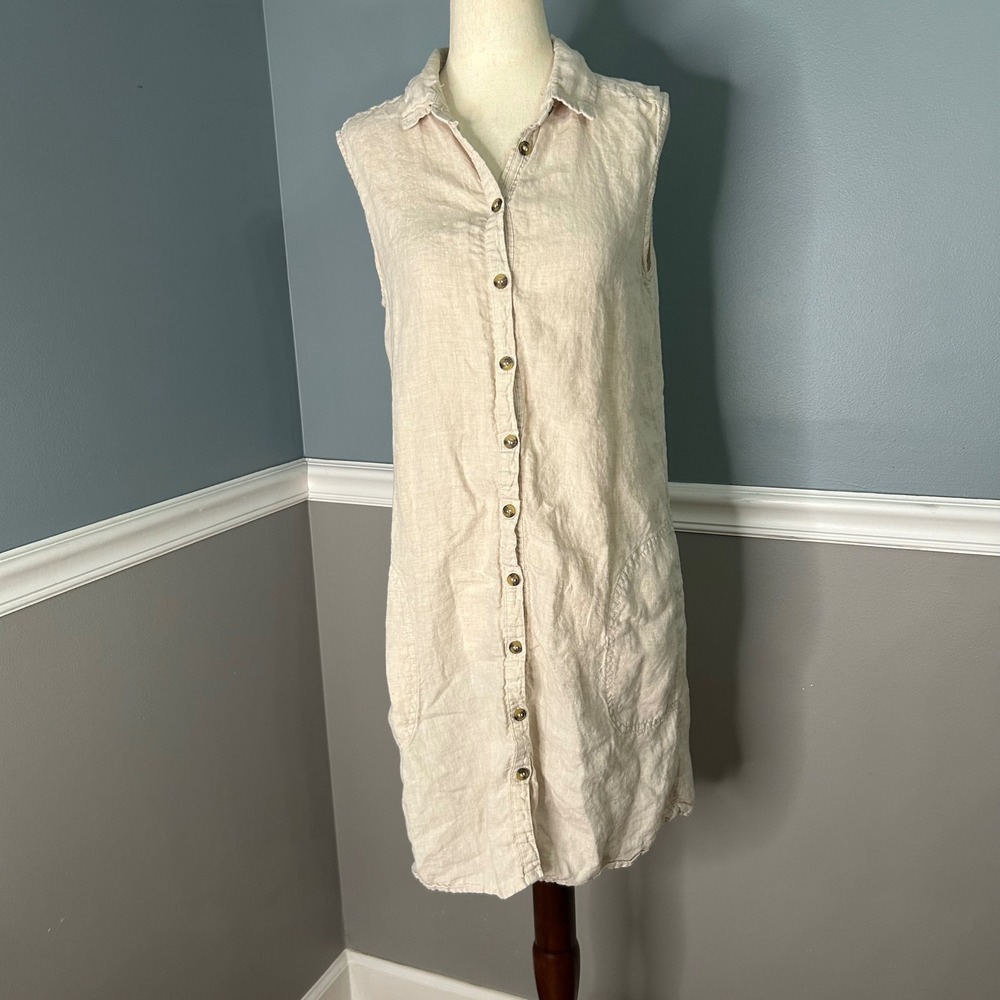 Tahari Womens Medium Beige 100% Linen Sleeveless Button Down Shirt Dress Pockets